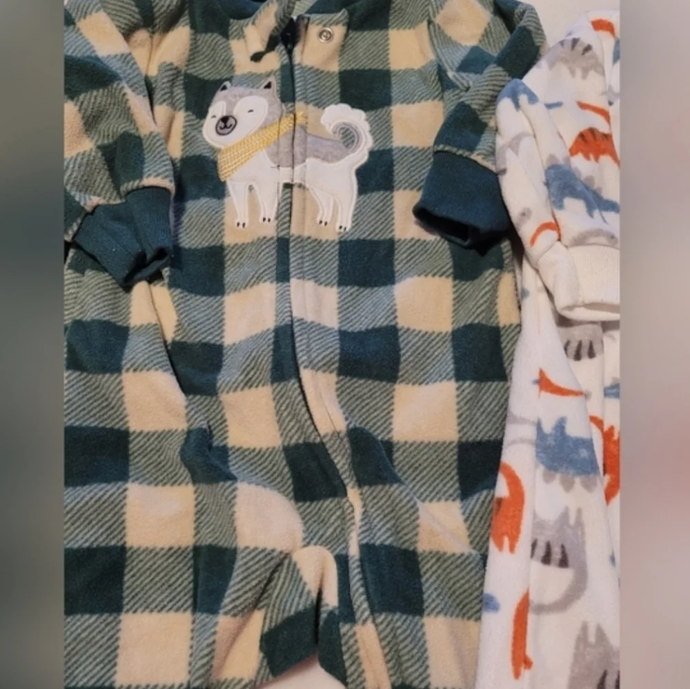 Carter's Fleece Brown Green Plaid Dinosaur Onsie Bundle Set Size 3 To 6 Months